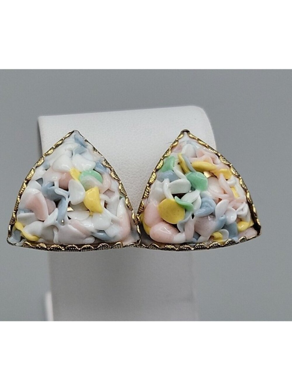 Vtg Pastel Mosaic Demi-Parure Set Triangle Clip-On Earrings Segmented Bracelet - Picture 12 of 16